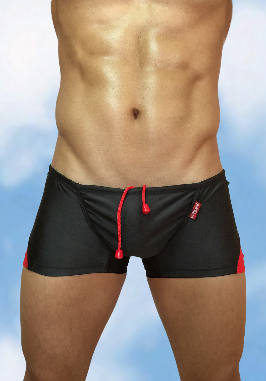 Men's Black-red swimsuit mini trunk with enhancing FEEL pouch - front