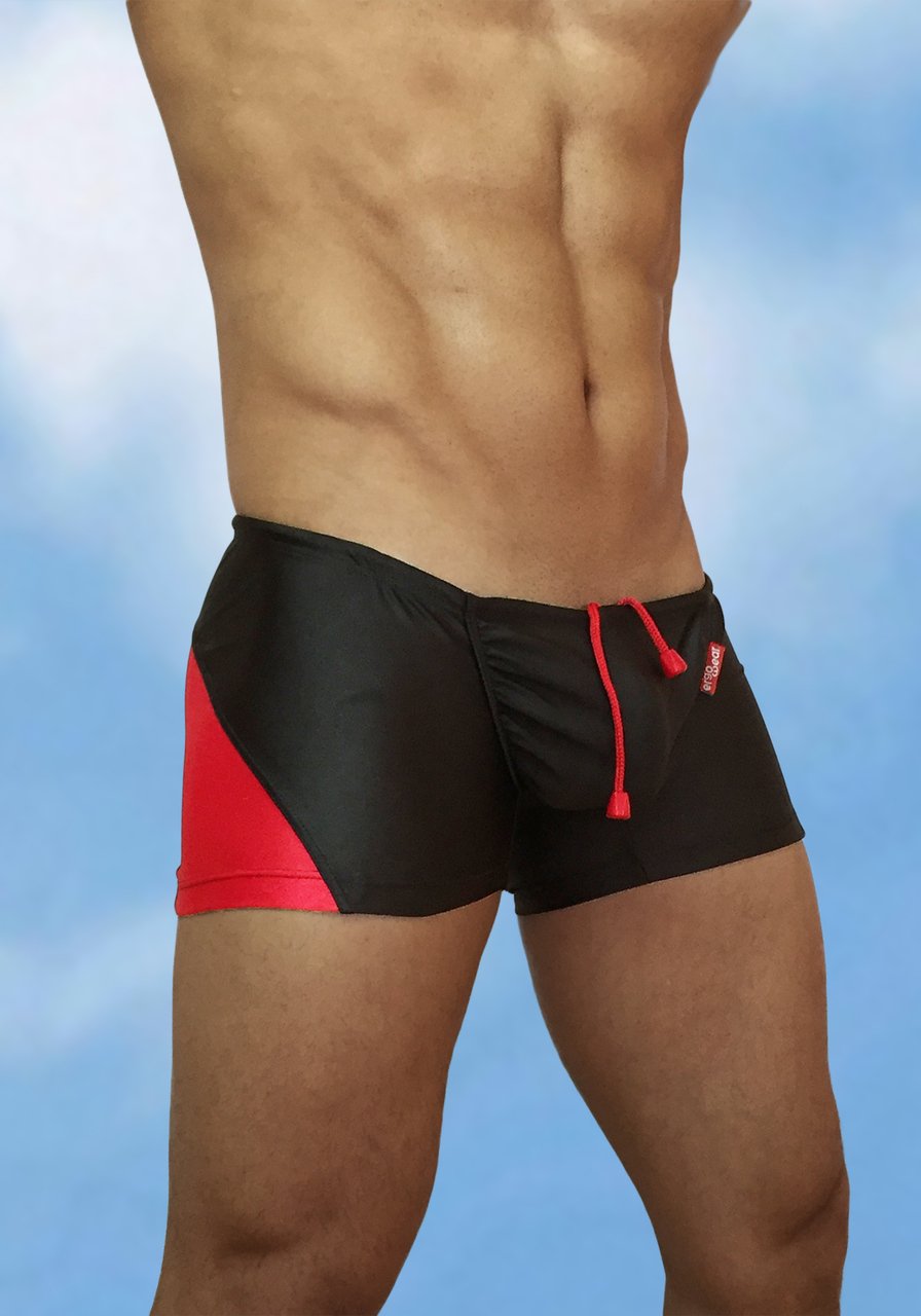 Men's Black-red swimsuit mini trunk with enhancing FEEL pouch - side
